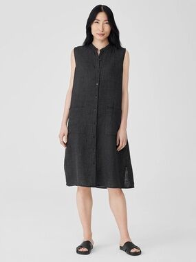 Eileen Fisher Gingham Sleeveless Dress Gray 100% Organic Linen Minimalist